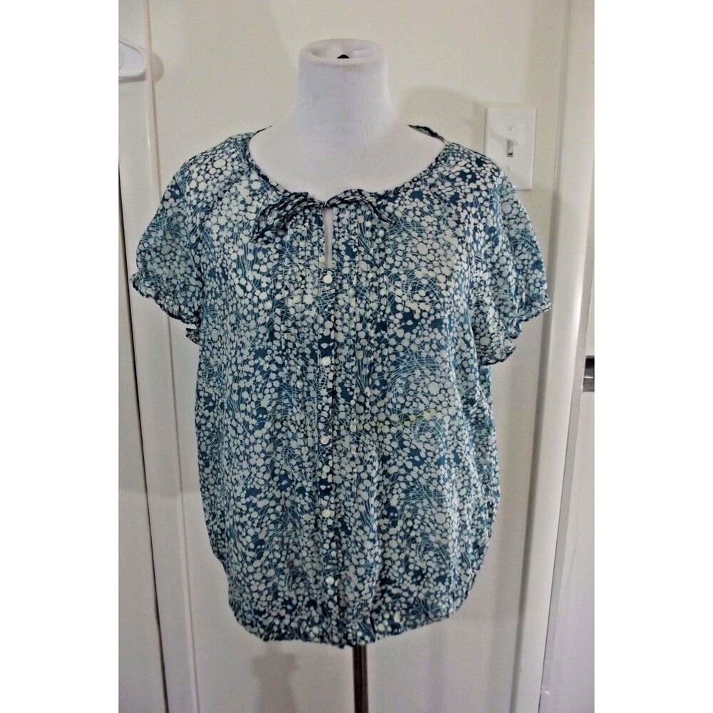 A NEW APPROACH Size L Blue Flower Print Semi Sheer Blouse ANA Shirt